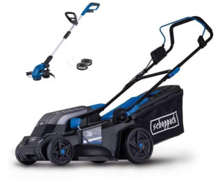 Scheppach akkus fűnyíró BC-MP380-X Ajándék Szegélynyíróval!20V kefe nélküli akkus fűnyíró | 38 cm Vágási szélesség | 450-500 m2-re | 2x 4Ah akkumulátorral + 4,5A dupla töltővel