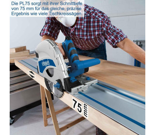 Scheppach körfűrész vezetősínnel PL75 merülő körfűrész 1600 W, vágási mélység 75 mm, fűrészlap átmérő 160 mm, 36 fog, dönthető, dőlésvédelemmel akár 45°-ig)