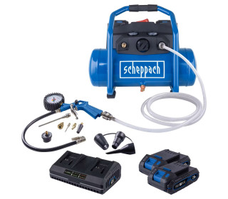 Scheppach C-ACT160/6-X akkus kompresszor - 20V | 8 bar | 6 literes tartály | 130 l/perc szívóteljesítmény | 11 részes tartozékkészlettel és 2 x 2Ah akkumulátorral + 2,4A dupla töltővel