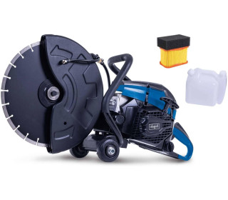 Scheppach PTS400 benzinmotoros Kővágófűrész - 3,95 LE | 350 mm-es gyémánt vágótárcsa | 120 mm-es vágási mélység | 2 ütemű benzinmotor | Tartalék légszűrővel